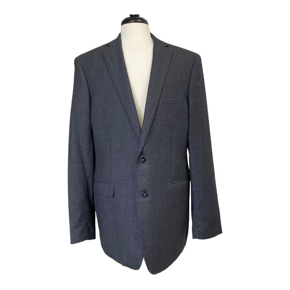 Calvin Klein Suit Jacket Mens 44L Gray Houndstooth Wool Two Button Blazer